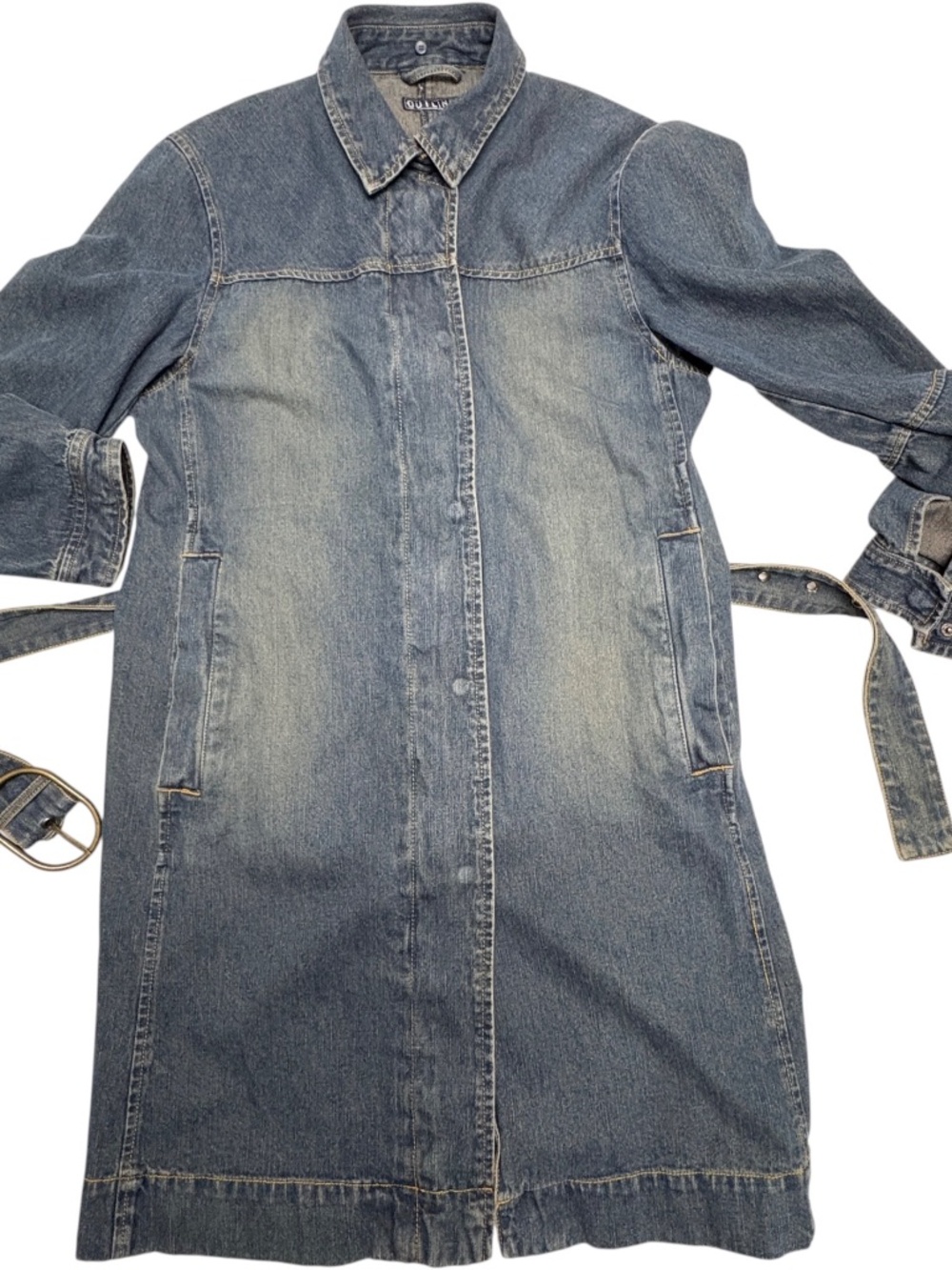jacket OUTLINE vintage S blue jean denim trench belted collar pockets zip/snap